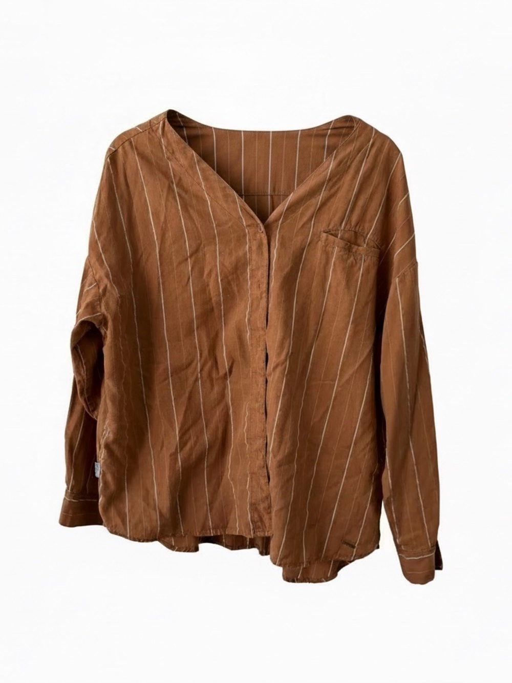 EDWIN something v back button down shirt brown striped women’s large boxy